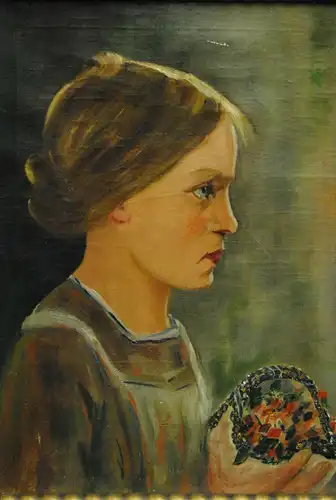 Ölbild - Junges Mädchem mit Blumen - um 1915