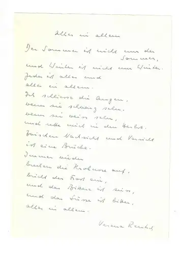Rentsch Verena - Eigenhändiges Gedicht mit Unterschrift - ca. 1970