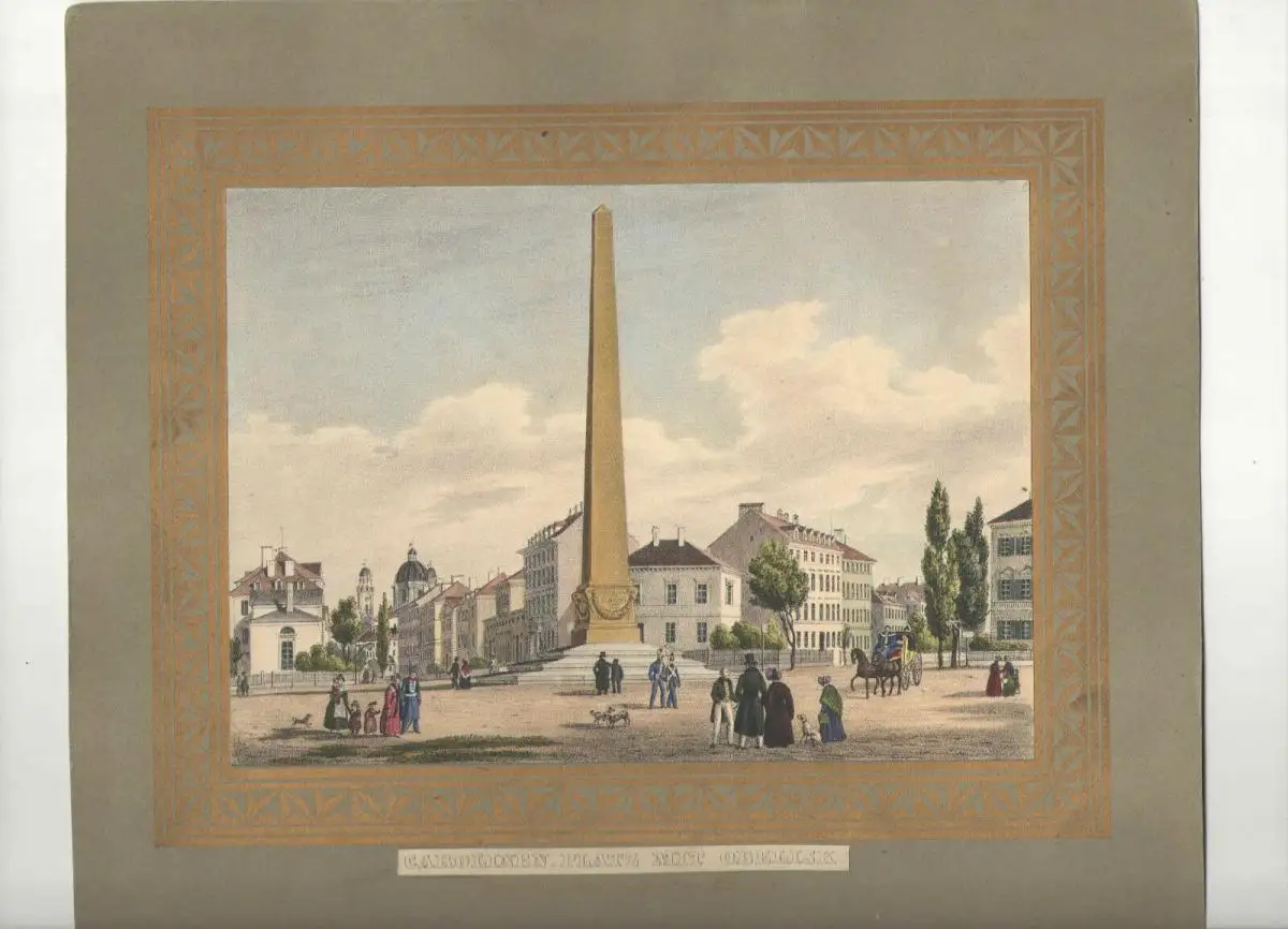 Lithographie - altkoloriert - Karolinenplatz mit Obelisk -  München - ca. 1839 0