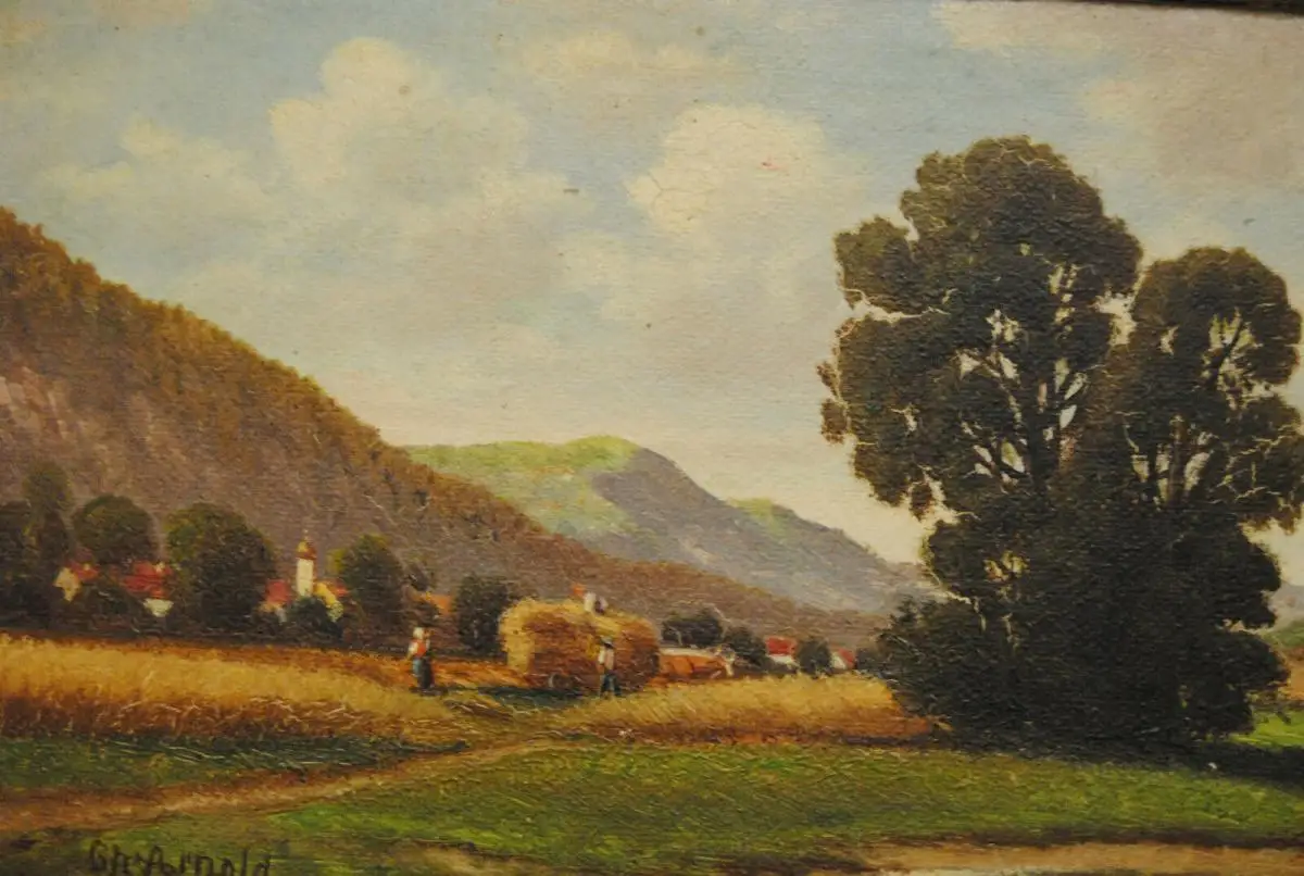 Arnold - Ölbild - Oberbayerische Voralpenlandschaft mit Heuernte - ca. 1930 0