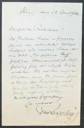 Paul Wilhelm - Eigenhändiger Brief. Wien 29. April 1904 - Autographen