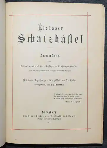 ADOLF STÖBER - ELSÄSSER SCHATZKÄSTEL - ERSTAUSGABE 1877 - ANTHOLOGIE - MUNDART