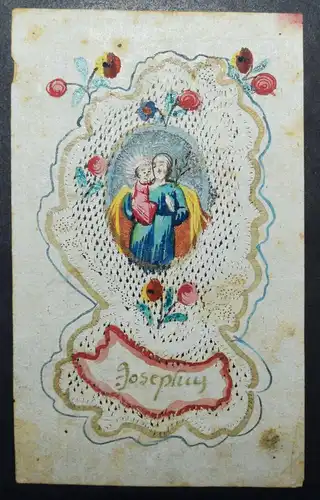 Andachtsbild – (Der heilige) Josef  Weißschnitt in Papier mit Gouache-Malerei