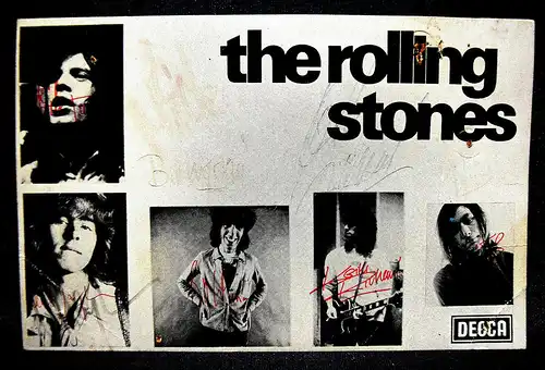 Rolling Stones, signierte Autogrammkarte 1970 u. 2 x Sticky Fingers Vinyl Rock