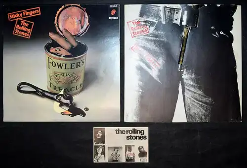 Rolling Stones, signierte Autogrammkarte 1970 u. 2 x Sticky Fingers Vinyl Rock