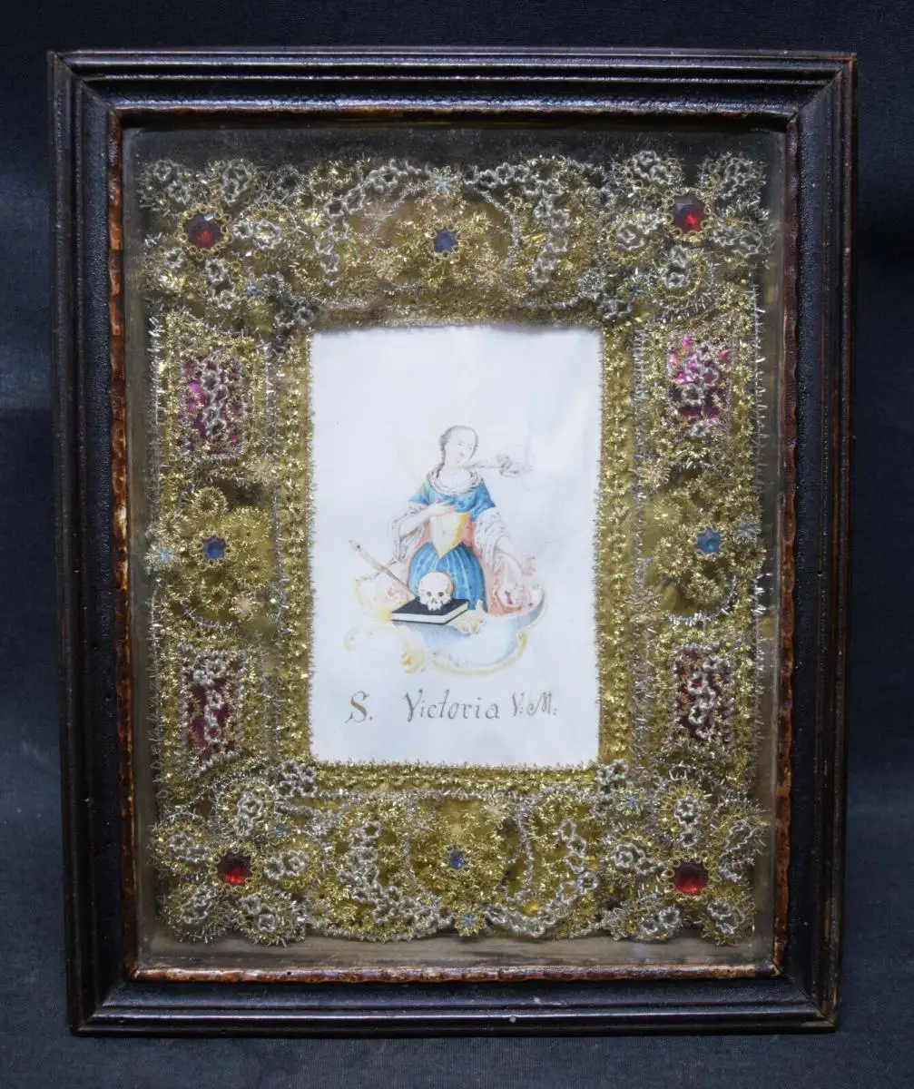 Andachtsbild - Klosterarbeit  Die heilige Victoria Gouache auf Pergament 1750 0
