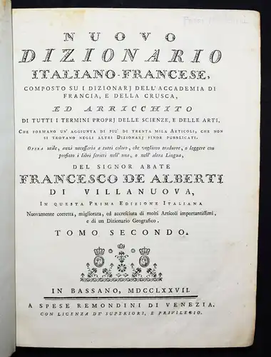 Alberti di Villanuova, Nouveau Dictionnaire 1777 WÖRTERBUCH LEXIKON