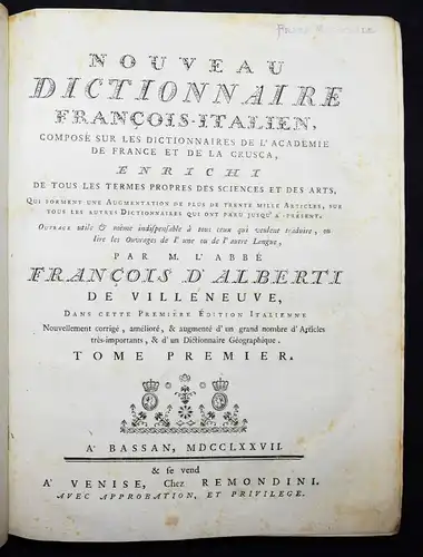 Alberti di Villanuova, Nouveau Dictionnaire 1777 WÖRTERBUCH LEXIKON