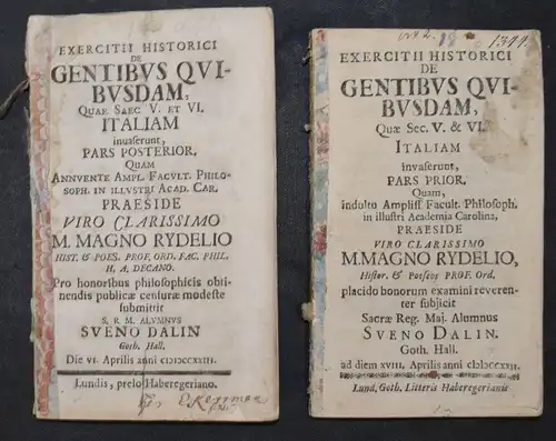 Dalin, Exercitii historici de gentibus quibusdam...DISSERTATION VÖLKERWANDERUNG