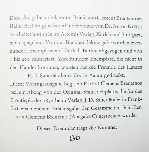 Brentano, Briefwechsel mit Heinrich Remigius Sauerländer NUMMERIERT 1/200 Ex.