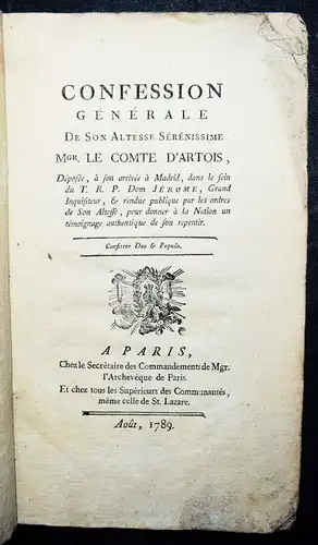 FRANZÖSISCHE REVOLUTION - Artois, Confession generale - 1789 FRANCE