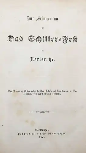 Zur Erinnerung an das Schiller-Fest in Karlsruhe - 1859