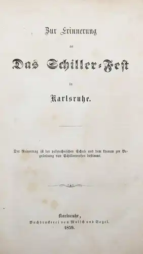 Zur Erinnerung an das Schiller-Fest in Karlsruhe - 1859 