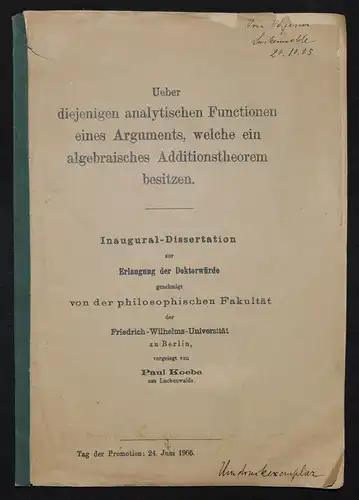 DISSERTATION über Funktionentheorie 1905 von - P. Koebe -  Uniformisierung