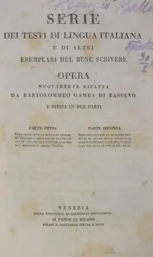 Gamba, Serie dei testi di lingua italiana e di altri esemplari del bene 1828