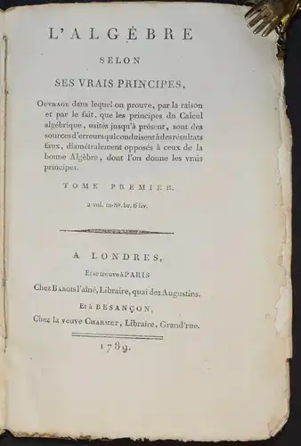 Porro, L’algebre selon ses vrais principes - Mathematik mathematiques