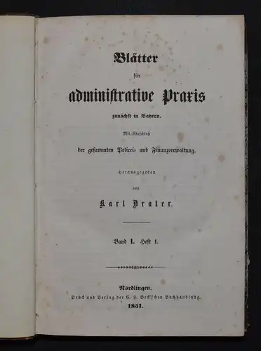 Brater. Blätter für administrative Praxis zunächst in Bayern - 1851 BAVARICA