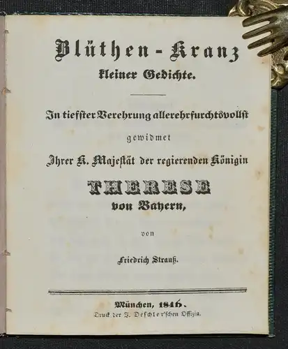 Blüthen-Kranz kleiner Gedichte 1846- Erste Ausgabe, selten.