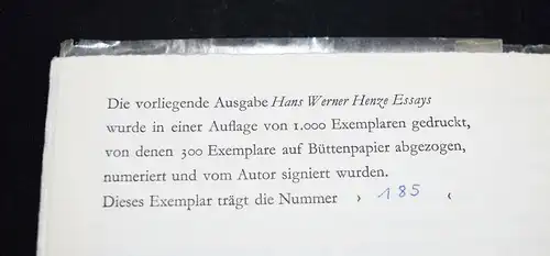 Henze, Essays - SIGNIERT - NUMMERIERT Eines von 300 Exemplaren