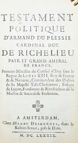 Richelieu, Testament politique - 1689 - COMMERCE FRANCE - FRANKREICH HANDEL