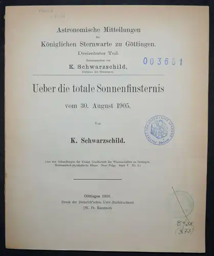 ASTRO-PHYSIK Schwarzschild, Über die totale Sonnenfinsternis vom 30. August 1905