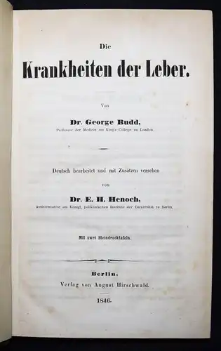 Budd, Die Krankheiten der Leber 1846 - INNERE MEDIZIN GASTROENTEROLOGIE