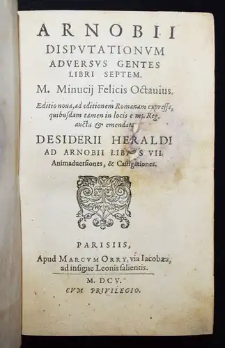 Arnobius, Disputationum adversus gentes 1605 STREITSCHRIFT HEIDEN HEIDENTUM