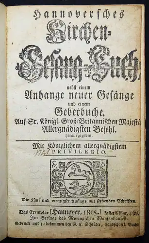 Gesenius u. Denicke,  GESANGBUCH 1815 HANNOVER Schleßwig-Holstein