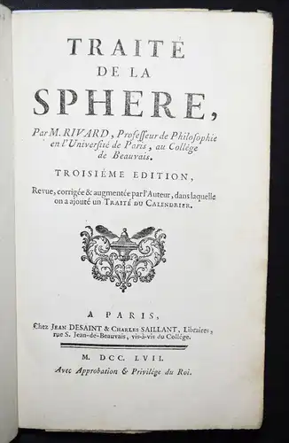 Rivard, Traite de la sphere 1757 ASTRONOMIE KALENDER