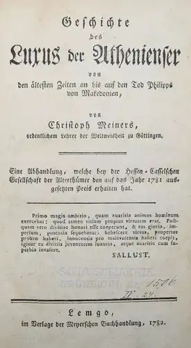 SELTENE ERSTAUSGABE 1782 - Meiners - Geschichte des Luxus der Athenienser ATHEN