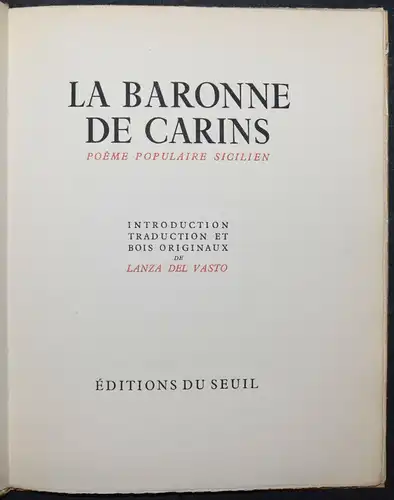 LA BARONNE DE CARINS - POÈME POPULAIRE SICILIEN - 1946 - NUMMERIERT