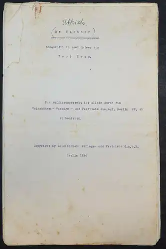 THEATER-TYPOSKRIPT IN PLATTDEUTSCHER SPRACHE - BERLIN 1926 -LUXEMBOURG PAUL HAAG