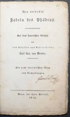 PHAEDRUS. NEU ENTDECKTE FABELN DES PHÄDRUS - 1815 - ALTPHILOLOGIE ANTIKE FABELN