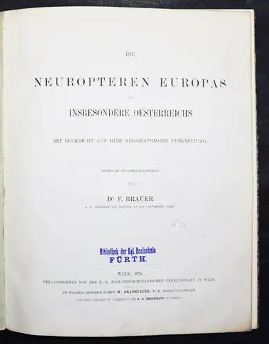 ENTOMOLOGIE BIOLOGIE - Brauer, Die Neuropteren Europas 1876 SCHMETTERLINGE