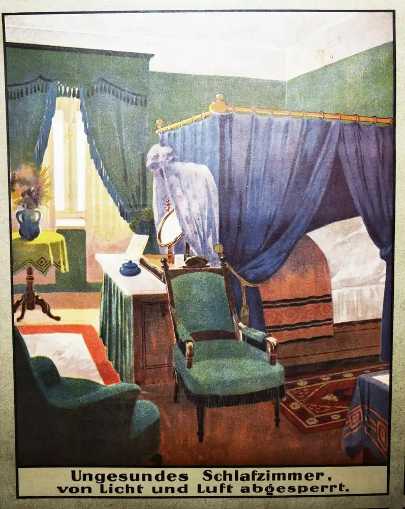 Gesundes und ungesundes Wohnen PLAKAT um 1920 INNENARCHITEKTUR  1