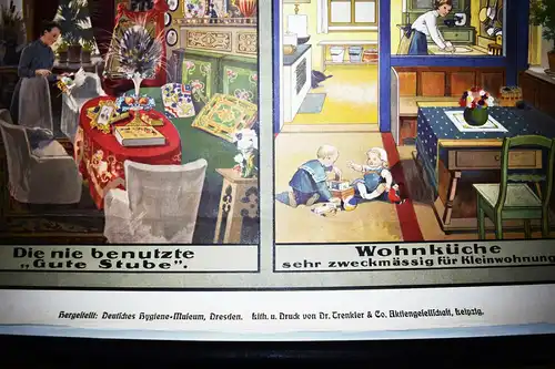 Gesundes und ungesundes Wohnen PLAKAT um 1920 INNENARCHITEKTUR 