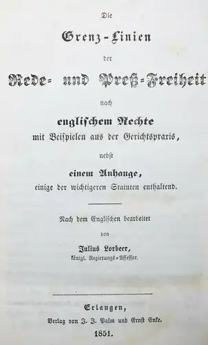 Lorbeer, Die Grenz-Linien der Rede- und Preß-Freiheit 1851 PRESSE ZENSUR ENGLAND