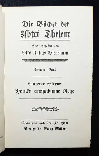 Laurence Sterne - Yorick’s empfindsame Reise - 1910 - SELTENER BAND DER REIHE