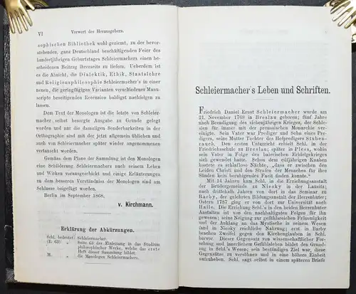 Schleiermacher - Monologen + Philosophische Sittenlehre 1868-1970