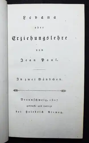 Jean Paul, Levana oder Erziehungslehre - 1807 ERSTE AUSGABE - Pädagogik