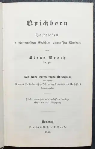 Groth, Quickborn - 1856 GEDICHTE LYRIK MUNDART PLATTDEUTSCH