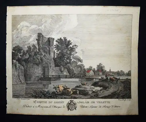 VOLTAIRE – BAROCK-CUIVRE GRAVURE 1780 - Partie du Jardin anglais de Villette
