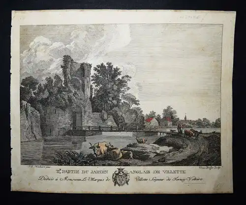 VOLTAIRE – BAROCK-CUIVRE GRAVURE 1780 - Partie du Jardin anglais de Villette 