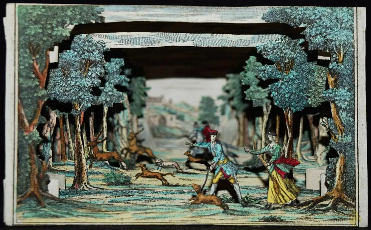 PAPIERTHEATER – DIORAMA - Vorstellung einer Hirschjagd - Engelbrecht um 1740 0