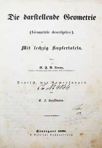 Leroy, Die darstellende Geometrie - 1838 ERSTE AUSGABE - MATHEMATIK MATHEMATIQUE