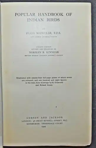 HUGH WHISTLER - POPULAR HANDBOOK OF INDIAN BIRDS - 1949 - ORNITHOLOGIE - VÖGEL