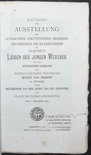 Goethe – Katalog der Werther-Ausstellung 1892