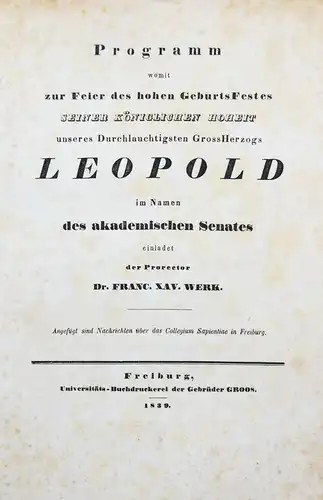 Karl Leopold I., Großherzog von Baden 1839 - Seltene Gelegenheitsschrift
