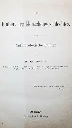ANTHROPOLOGIE 1873 Rauch, Die Einheit des Menschengeschlechtes - ERSTE AUSGABE