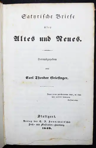 Griesinger, Satyrische Briefe über Altes und Neues - 1840 - ERSTE AUSGABE SATIRE